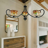 Victorian Stained Glass Pendant Light with Hanging Chain - Beige Chandelier for Dining Room - This exquisite Victorian Bowl Pendant Light featuring 3 lights, is sure to light up your interior with grace and sophistication. The beautiful pendant